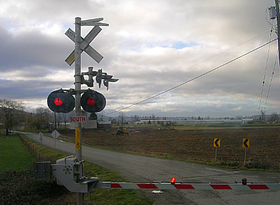 [Lowered rail gate with lit lights on the gate and on the pole with the rail crossing sign. The road the gate is blocking appears to be a paved one through farmland and does not have middle or side striping. ]